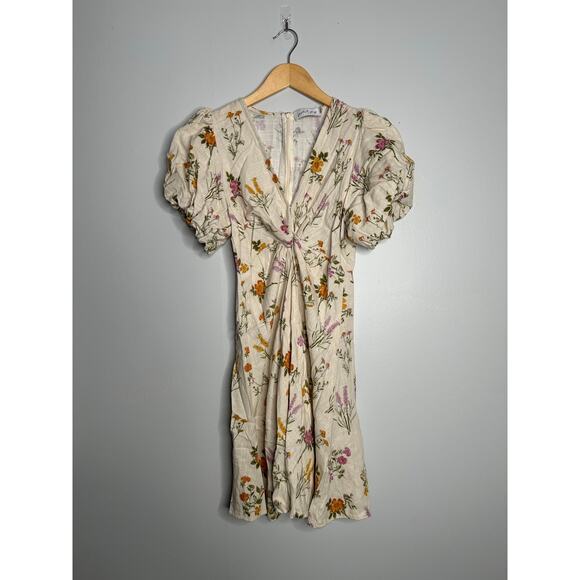 Petal + Pup Women's Ivory Floral Print Twist Front Puff Sleeve Dress Size Small